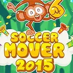 Maimuță animată cu o mână de spumă galbenă, înconjurată de confetti și trompete, deasupra textului „Soccer Mover 2015”