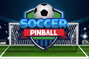 Minge de fotbal deasupra unui logo cu textul Soccer Pinball pe un fundal cu o poartă de fotbal iluminată