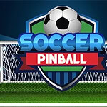Minge de fotbal deasupra unui logo cu textul Soccer Pinball pe un fundal cu o poartă de fotbal iluminată