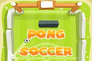 Imaginea arată un teren de fotbal stilizat, cu textul „PONG SOCCER” în centru și o minge de fotbal în mișcare