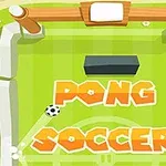 Imaginea arată un teren de fotbal stilizat, cu textul „PONG SOCCER” în centru și o minge de fotbal în mișcare