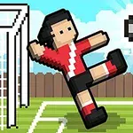 Un personaj pixelat joacă fotbal într-un teren în aer liber, lângă o poartă, lovind o minge în alb și negru