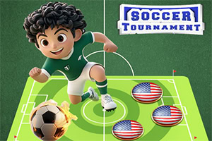 Personaj animat de fotbal, în echipament verde, lovind o minge în flăcări pe un teren de joc stilizat, cu logo Soccer Tournament în fundal și discuri cu steagul SUA
