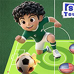 Personaj animat de fotbal, în echipament verde, lovind o minge în flăcări pe un teren de joc stilizat, cu logo Soccer Tournament în fundal și discuri cu steagul SUA