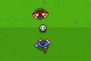 Două personaje pixelate pe un teren de fotbal, cu o minge între ele