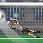 Un portar desene animat sărind pentru a prinde o minge de fotbal în fața porții