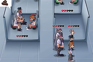 Personaje desenate așezate și în picioare în cabine cu simboluri de inimă deasupra capetelor lor