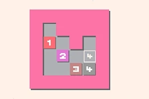 Pătrat roz cu blocuri numerotate de la 1 la 4 pe un fundal gri al unui joc puzzle