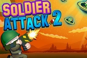 Un soldat desenat țintind un tun cu laser către farfurii zburătoare pe un fundal portocaliu, cu textul Soldier Attack 2