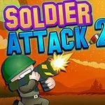 Un soldat desenat țintind un tun cu laser către farfurii zburătoare pe un fundal portocaliu, cu textul Soldier Attack 2