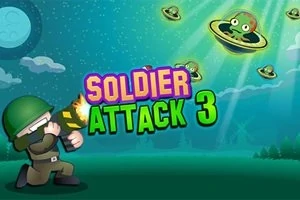 Soldat desenat cu rachetă lansator trage spre farfurii zburătoare cu extratereștri pe fundal nocturn, cu text Soldier Attack 3
