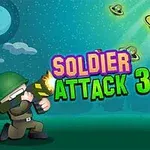 Soldat desenat cu rachetă lansator trage spre farfurii zburătoare cu extratereștri pe fundal nocturn, cu text Soldier Attack 3