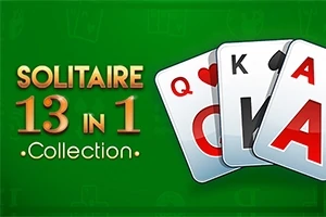 Fundal verde cu textul Solitaire 13 in 1 Collection și trei cărți de joc afișând Q, K și A