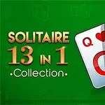 Fundal verde cu textul Solitaire 13 in 1 Collection și trei cărți de joc afișând Q, K și A