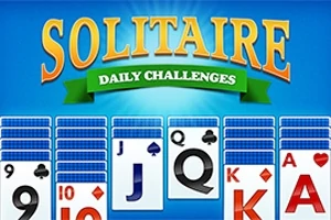 Interfață de joc cu cărți de joc aranjate și textul Solitaire Daily Challenges pe un fundal albastru