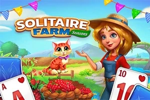 O femeie zâmbitoare cu pălărie de paie, un coș cu căpșuni și un pisoi portocaliu pe un fundal de decor rural, cu cărți de joc în prim plan
