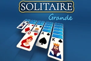 O imagine grafică cu un ecran albastru pe care sunt afișate cărți de joc, inclusiv o regină roșie și un rege de pică, împreună cu textul SOLITAIRE Grande