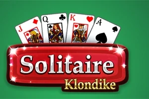 Cărți de joc valete, dame, regi și ași pe un fundal verde cu textul „Solitaire Klondike” într-o casetă roșie