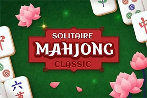 Titluri albe și roșii pentru Solitaire Mahjong Classic pe fundal verde, înconjurate de piese de mahjong și flori de lotus roz
