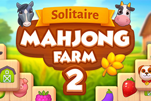Grafică colorată cu titlul Mahjong Farm 2, decorată cu imagini de animale de fermă și obiecte agricole