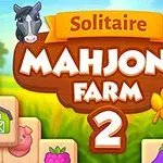 Grafică colorată cu titlul Mahjong Farm 2, decorată cu imagini de animale de fermă și obiecte agricole