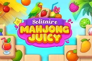 Fundal colorat cu fructe, papagal verde și text roz Solitaire Mahjong Juicy