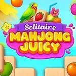 Fundal colorat cu fructe, papagal verde și text roz Solitaire Mahjong Juicy
