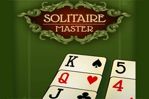 Un ecran verde cu titlul Solitaire Master și cărți de joc K, Q, J, 5 și 4 afișate