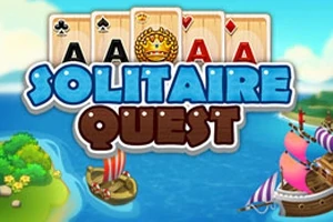 Cartonașe de joc așezate deasupra unui fundal marin cu bărci și verdeață, cu textul „Solitaire Quest” plasat central