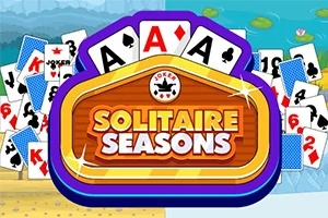 Grafică colorată cu un panou central care conține cuvintele Solitaire Seasons înconjurat de cărți de joc și un fundal împărțit între nisip și apă cu frunze de lotus