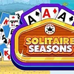 Grafică colorată cu un panou central care conține cuvintele Solitaire Seasons înconjurat de cărți de joc și un fundal împărțit între nisip și apă cu frunze de lotus