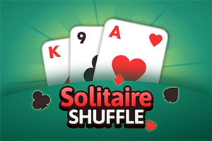 Trei cărți de joc vizibile, K de caro, 9 de treflă și A de inimă roșie, pe un fundal verde cu textul Solitaire Shuffle dedesubt