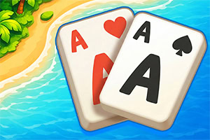 Două cărți de joc cu ași (inimă roșie și pică neagră) pe un fundal cu apă albastră și o margine de nisip cu vegetație