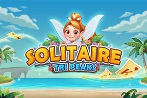 Ilustrație cu un personaj zâmbitor cu aripi, înconjurat de frunze și flori, pe o plajă tropicală cu cărți de joc plutind în aer