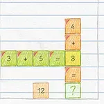 Desen simplu pe hârtie liniată cu pătrate colorate și cifre, formând operații matematice