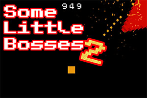 Textul „Some Little Bosses 2” în roșu și alb pe un fundal întunecat cu elemente grafice pixelate în roșu și portocaliu