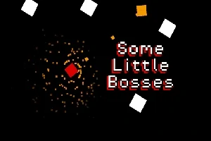 Textul „Some Little Bosses” pe un fundal negru cu pătrate albe dispersate și un pătrat roșu înconjurat de particule portocalii