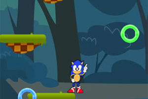 Sonic Jumper Un personaj albastru stă pe o platformă verde într-un mediu cu fundal de pădure, cu inele luminoase în jur