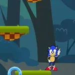 Sonic Jumper Un personaj albastru stă pe o platformă verde într-un mediu cu fundal de pădure, cu inele luminoase în jur