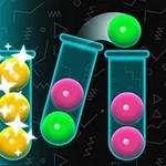 Eprubete colorate cu bile verzi, roz și galbene strălucitoare pe un fundal negru cu modele geometrice