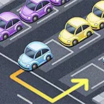 Mașini colorate parcate pe un drum cu săgeată galbenă indicând direcția de deplasare