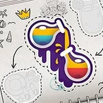 O pereche de ochelari de soare stilizați, cu lentile în culorile curcubeului și rame violet, pe un fundal de schițe în caiet