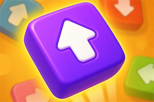 Cub mov cu săgeată albă îndreptată în sus pe fundal colorat, cu alte cuburi în fundal