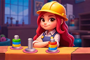 Sort Works: Nuts & Order Fată animată cu păr roșu și cască de protecție, stând la o masă cu piese colorate în mediu industrial
