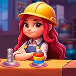 Sort Works: Nuts & Order Fată animată cu păr roșu și cască de protecție, stând la o masă cu piese colorate în mediu industrial