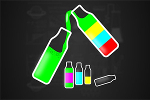 Două sticle colorate, una verde turnând lichid în cealaltă, cu sticle mai mici multicolore dedesubt