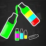 Două sticle colorate, una verde turnând lichid în cealaltă, cu sticle mai mici multicolore dedesubt