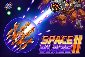 Nave spațiale și un laser de luptă cu un fundal cosmic plin de asteroizi și textul Space Blaze II