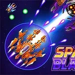 Nave spațiale și un laser de luptă cu un fundal cosmic plin de asteroizi și textul Space Blaze II