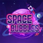 Planeta roz cu inele, racheta și textul Space Bubbles pe fundal albastru închis cu stele